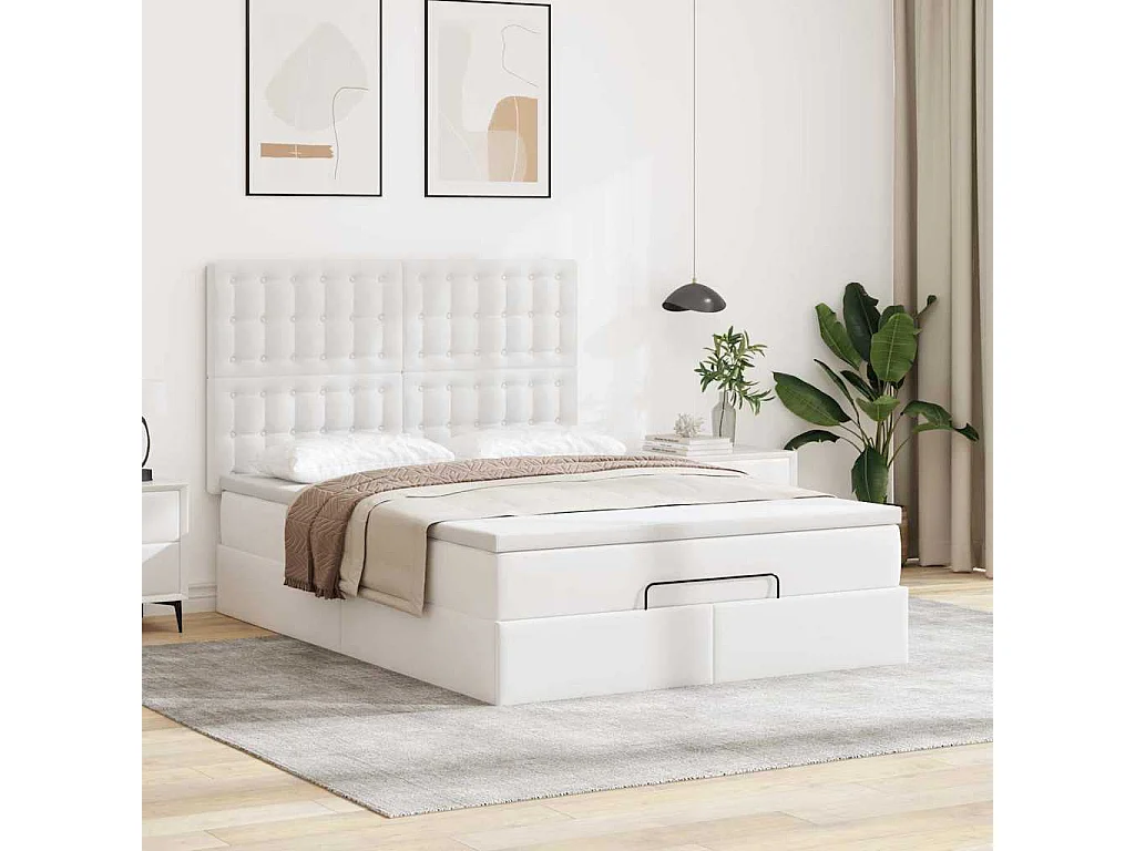 Cadre de lit ottoman avec matelas blanc 140x200 cm similicuir