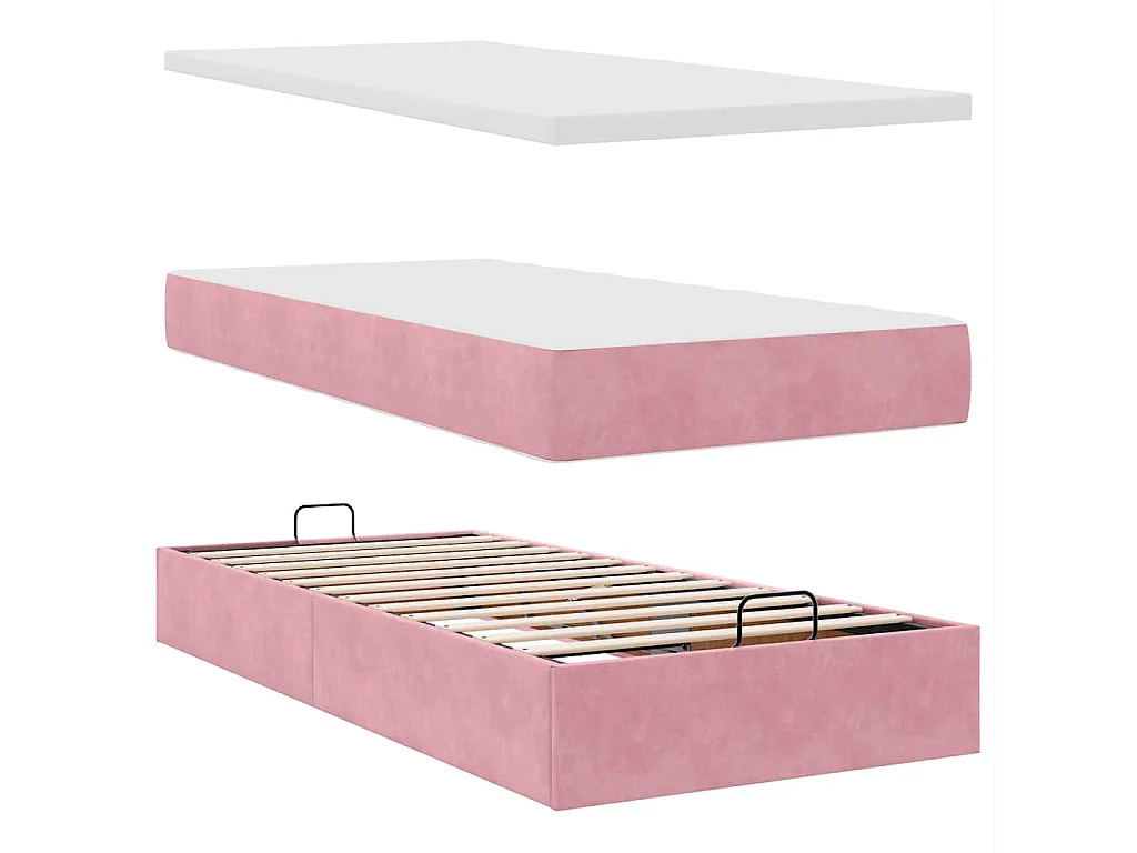 Estrutura de cama otomana com colchão rosa 90x200cm veludo
