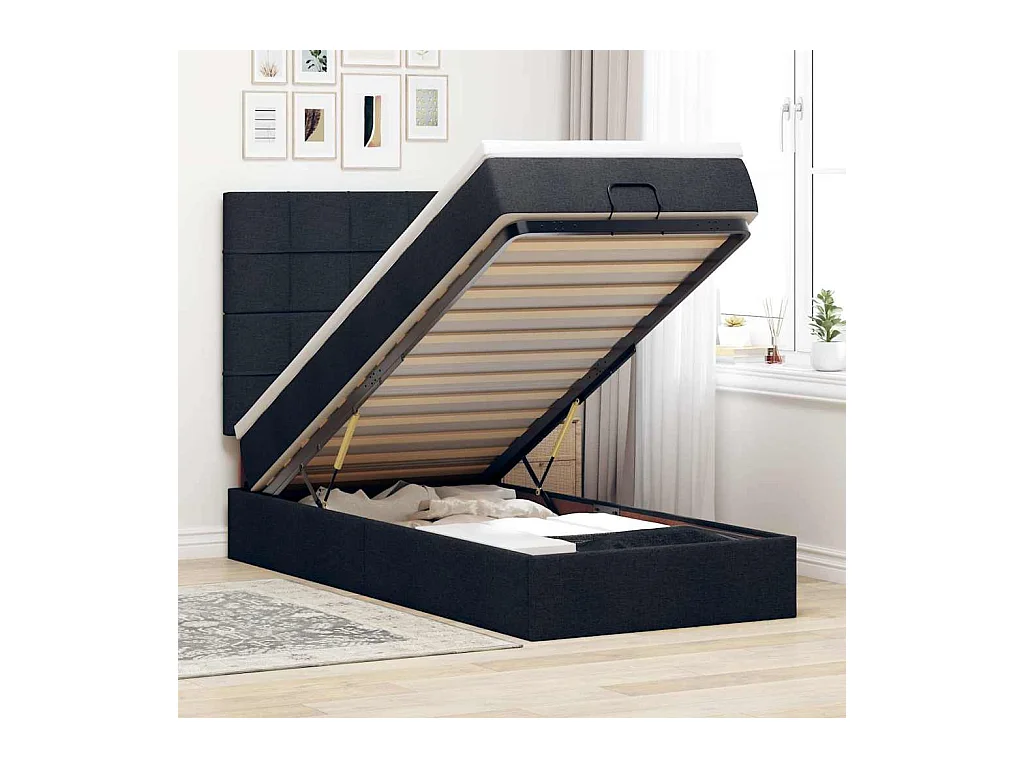 Cadre de lit ottoman avec matelas noir 100x200cm tissu