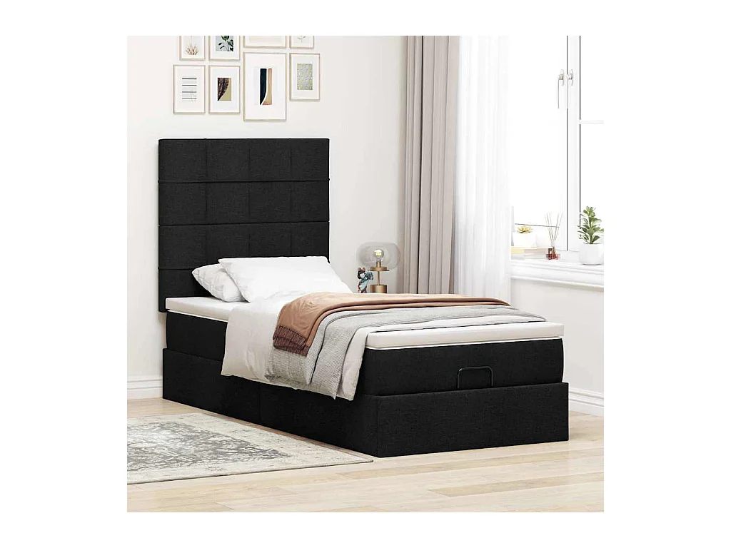 Cadre de lit ottoman avec matelas noir 100x200cm tissu