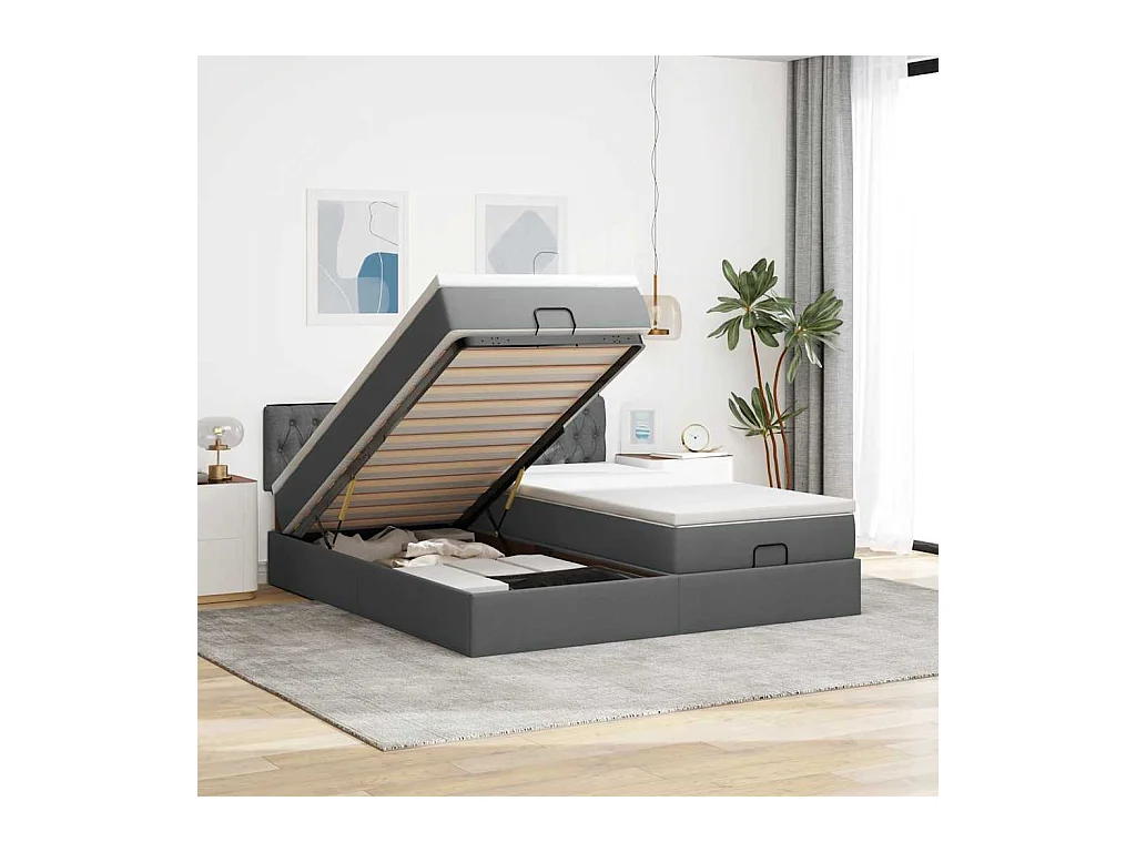 Cadre de lit ottoman avec matelas gris foncé 160x200cm tissu