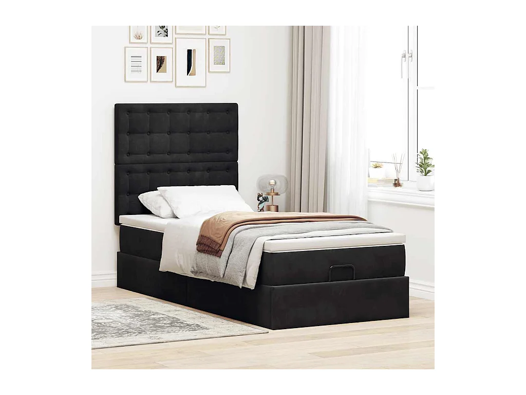 Cadre de lit ottoman avec matelas noir 100x200cm velours