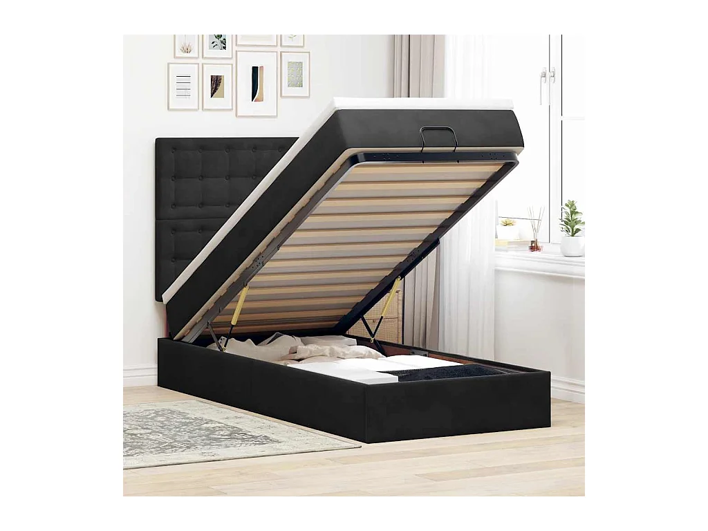 Cadre de lit ottoman avec matelas noir 100x200cm velours