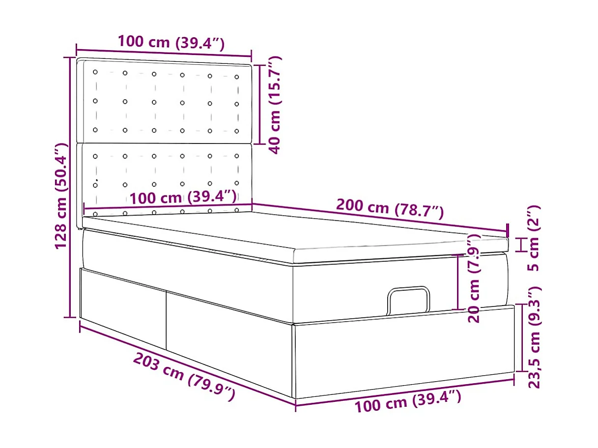 Cadre de lit ottoman avec matelas noir 100x200cm velours