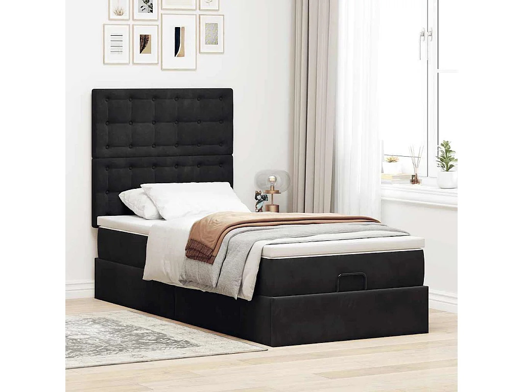 Cadre de lit ottoman avec matelas noir 100x200cm velours