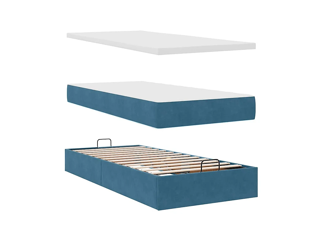 Estrutura de cama otomana com colchão azul escuro veludo