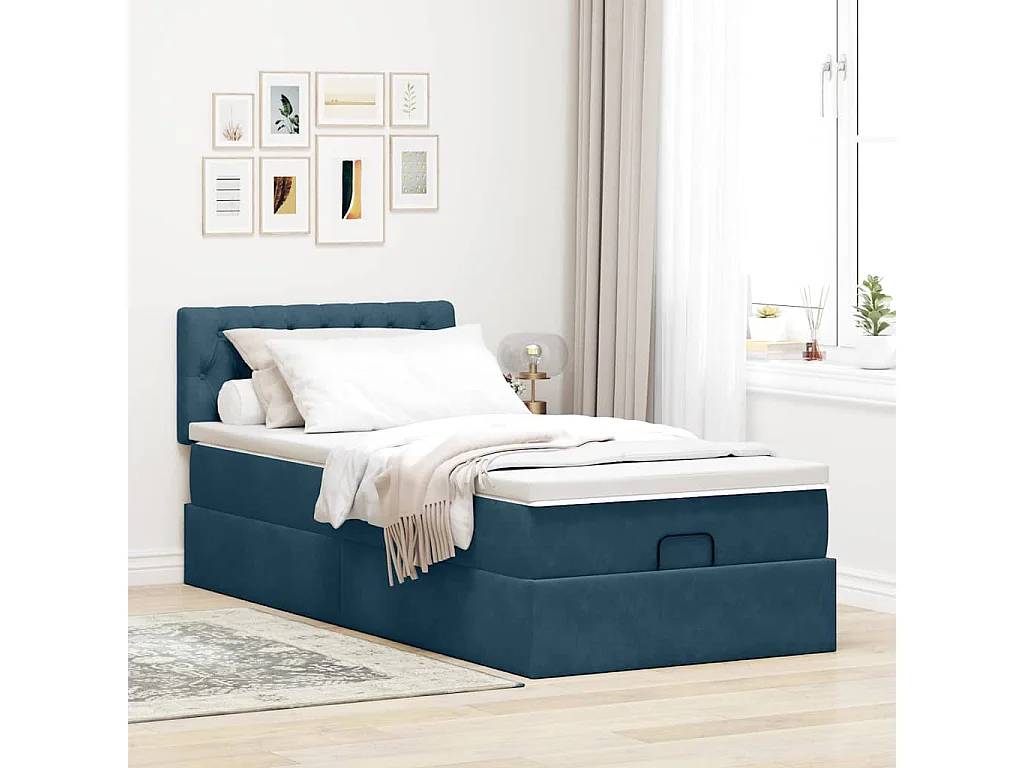 Estrutura de cama otomana com colchão azul escuro veludo