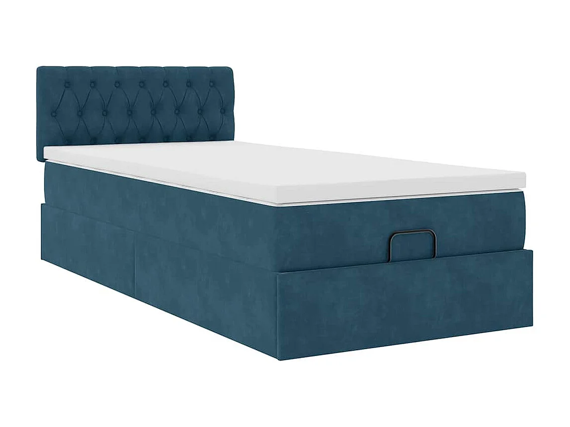 Estrutura de cama otomana com colchão azul escuro veludo