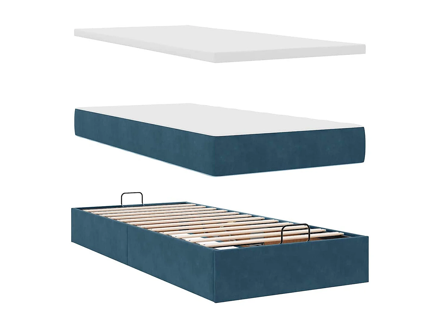 Estrutura de cama otomana com colchão azul escuro veludo