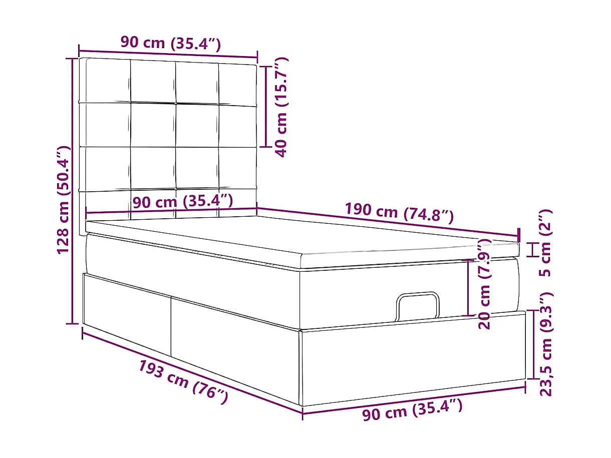 Cadre de lit ottoman avec matelas gris foncé 90x190 cm velours