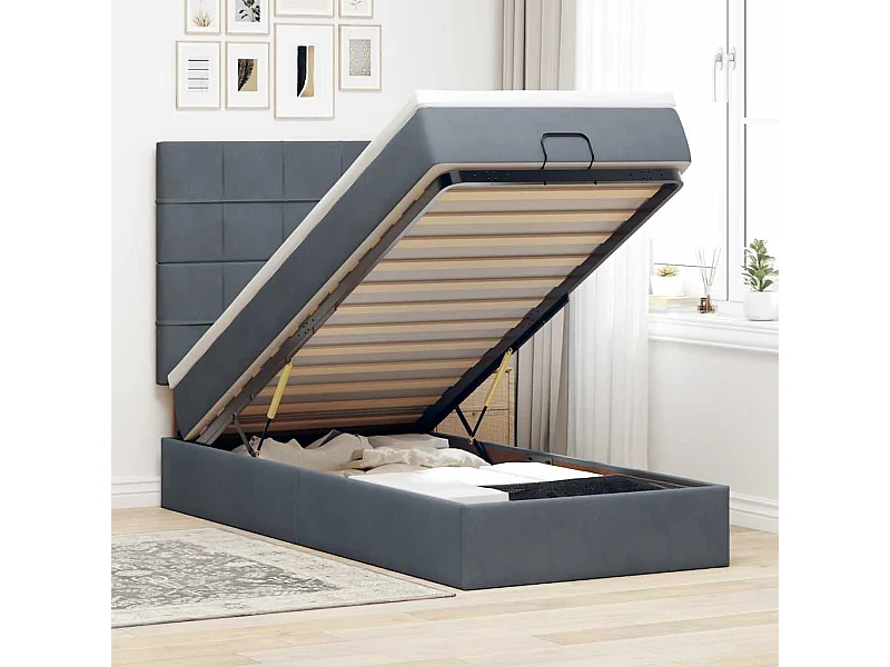 Cadre de lit ottoman avec matelas gris foncé 90x190 cm velours