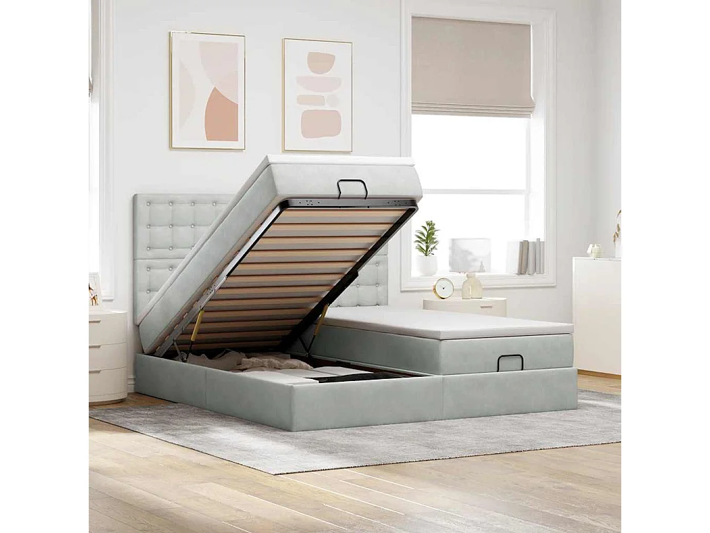 Cadre de lit ottoman et matelas gris clair 180x200cm velours
