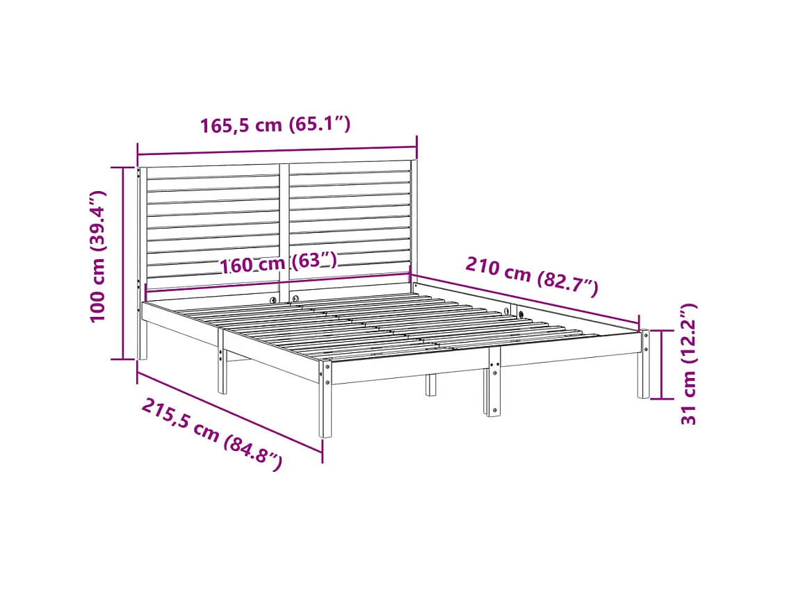 Cadre de lit extra long sans matelas 160x210 cm bois massif