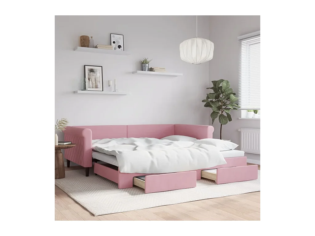 Lit de jour avec gigogne et tiroirs rose 100x200 cm velours