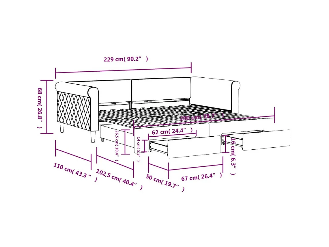 Lit de jour avec gigogne et tiroirs rose 100x200 cm velours