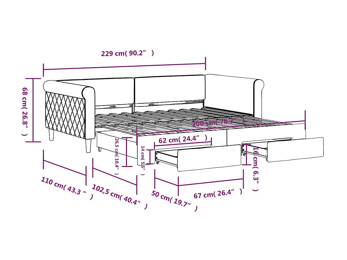 Tagesbett Ausziehbar mit Schubladen Rosa 100x200 cm Samt