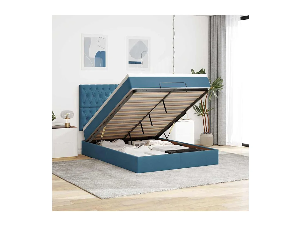 Cadre de lit ottoman avec matelas bleu foncé 140x190 cm velours