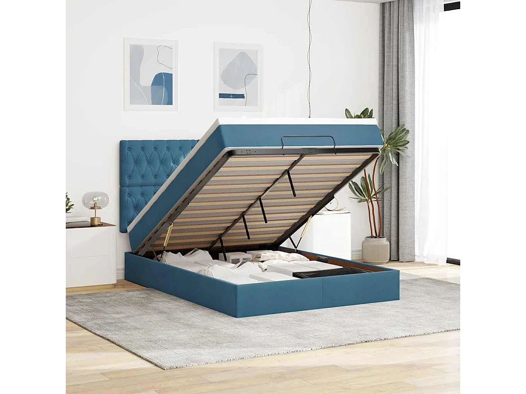 Cadre de lit ottoman avec matelas bleu foncé 140x190 cm velours