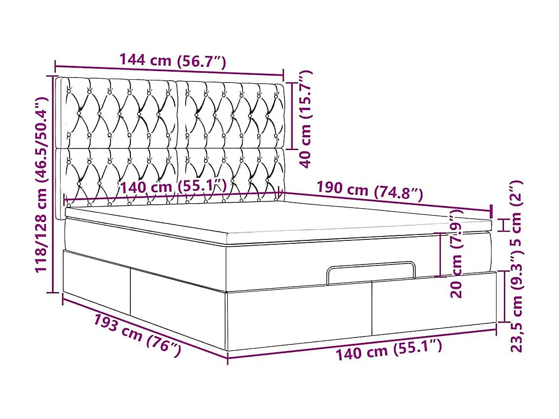 Cadre de lit ottoman avec matelas bleu foncé 140x190 cm velours