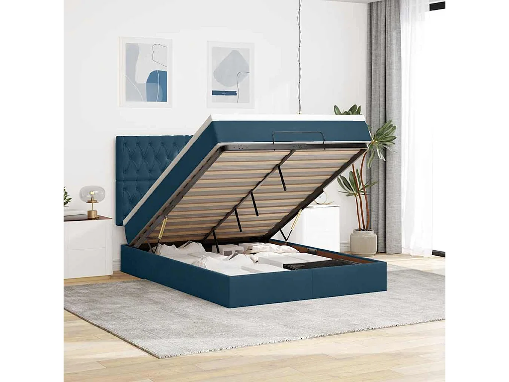 Cadre de lit ottoman avec matelas bleu foncé 140x190 cm velours
