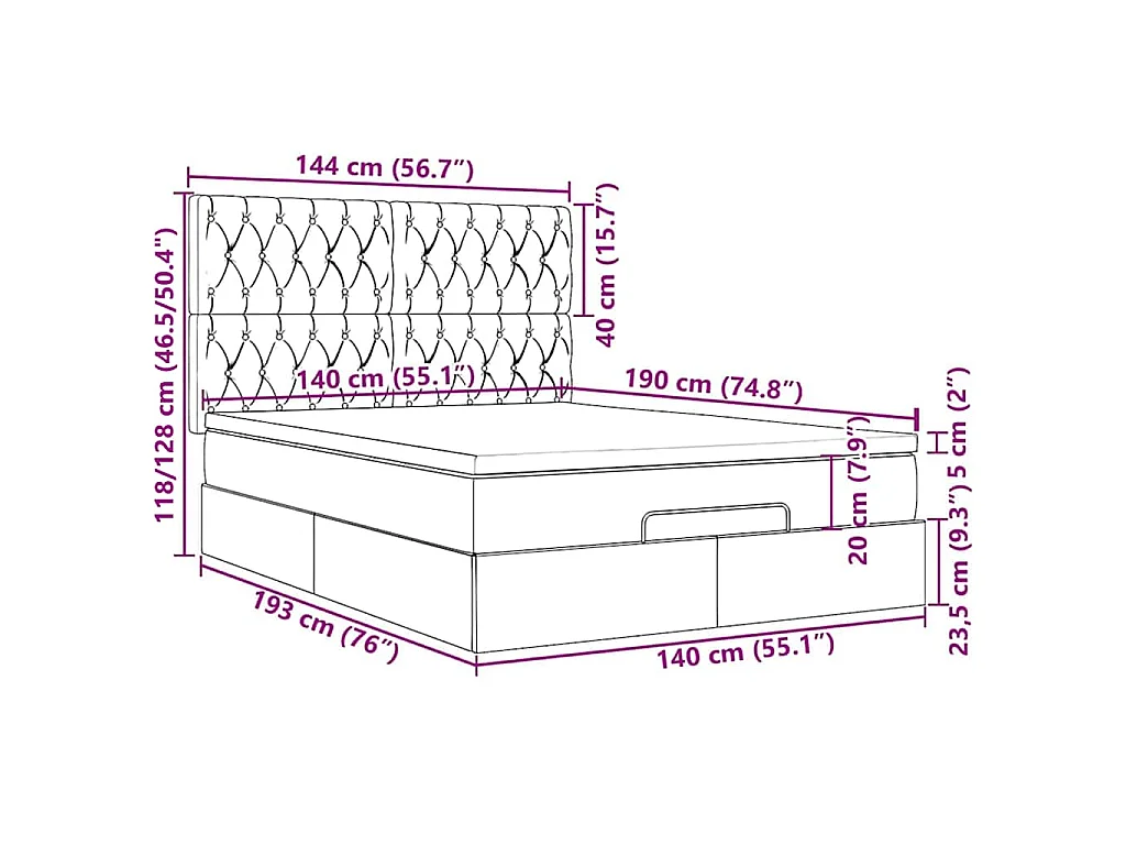 Cadre de lit ottoman avec matelas bleu foncé 140x190 cm velours