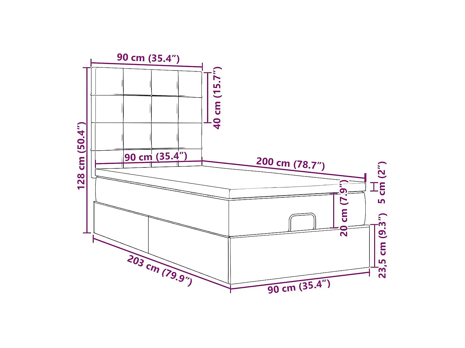 Cadre de lit ottoman avec matelas bleu foncé 90x200 cm velours
