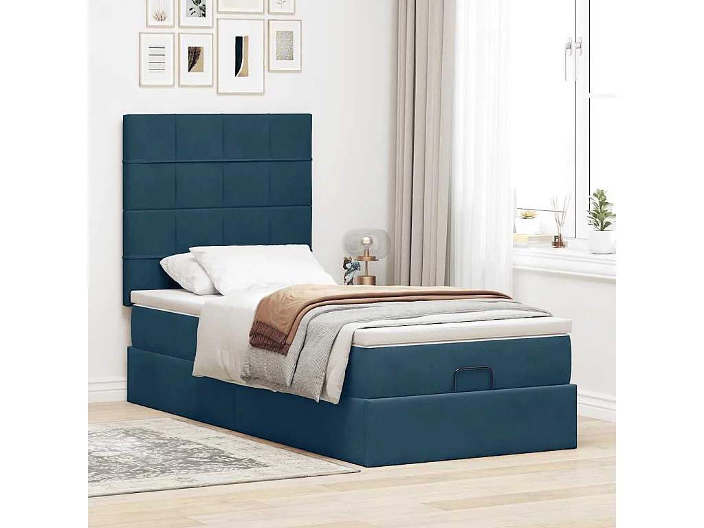 Estrutura de cama otomana com colchões azul escuro veludo