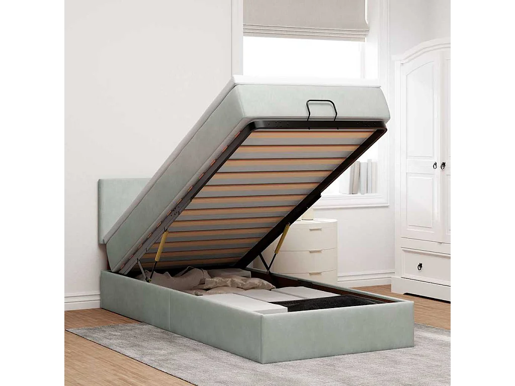 Cadre de lit ottoman et matelas gris clair 100x200 cm velours