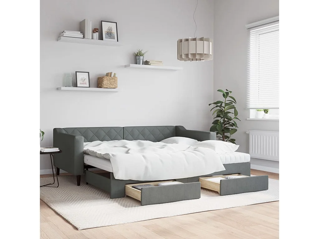 Tagesbett Ausziehbar mit Schubladen Dunkelgrau 90x190 cm Stoff