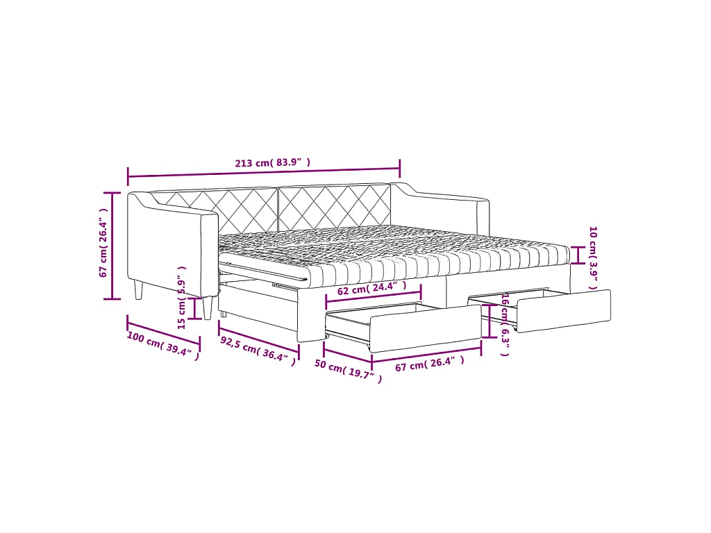 Slaapbank onderschuifbed en lades 90x190 cm stof donkergrijs