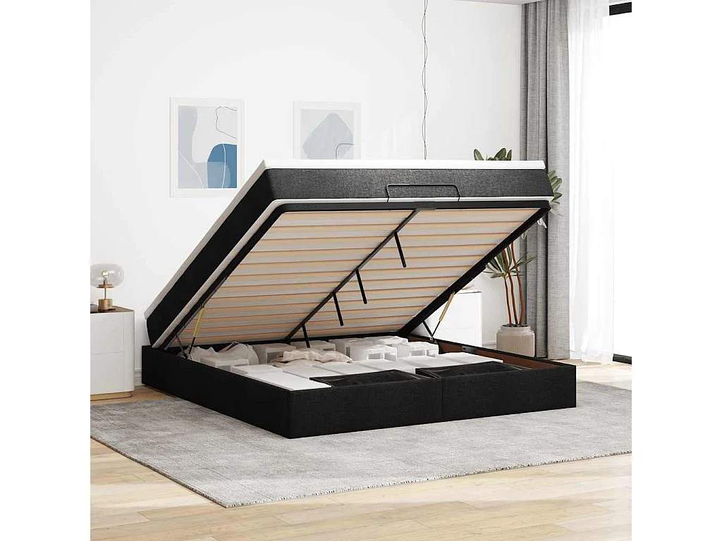Struttura Letto Pouf con Materasso Nero 180x200 cm in Tessuto