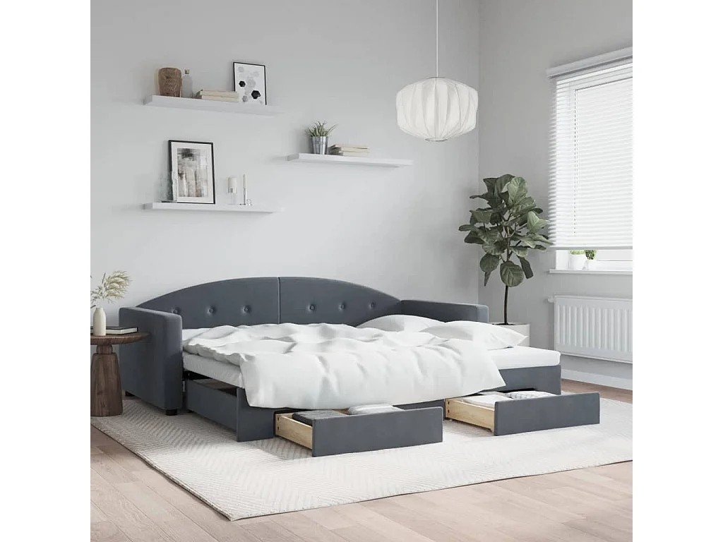 Slaapbank onderschuifbed en lades 90x190 cm fluweel donkergrijs