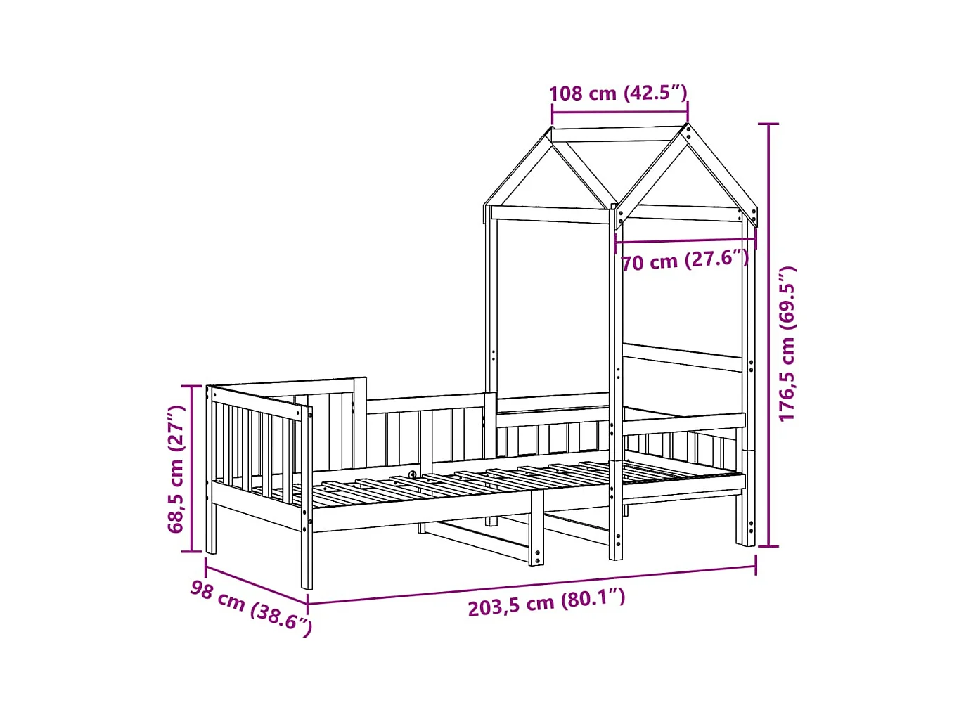 Lit de jour avec toit sans matelas 90x200 cm bois massif