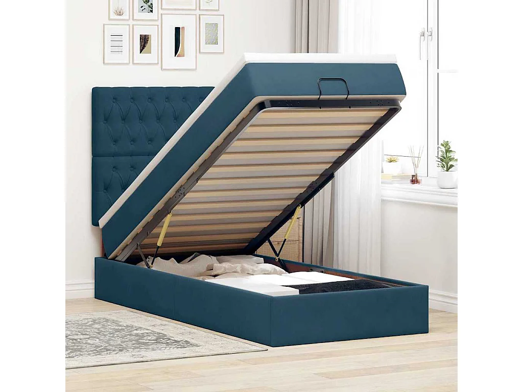 Estructura de cama otomana colchones terciopelo azul oscuro