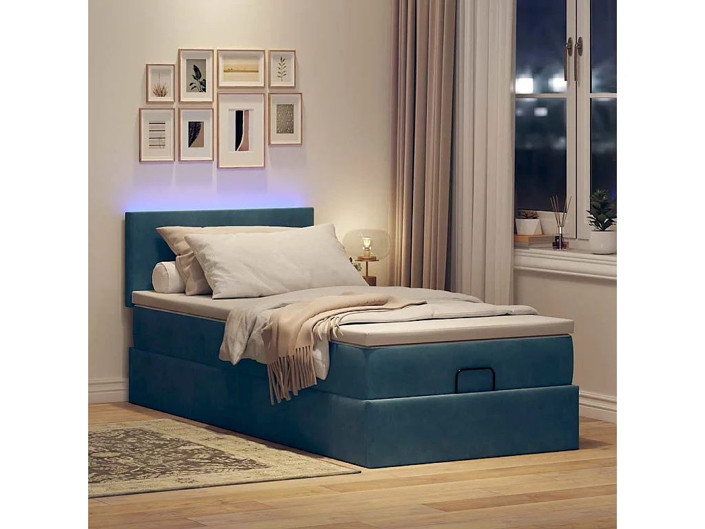 Ottoman-Bett mit Matratze & LEDs Dunkelblau 100x200 cm Samt