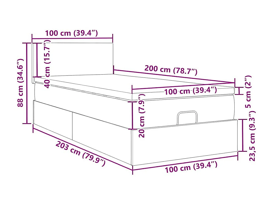 Ottoman-Bett mit Matratze & LEDs Dunkelblau 100x200 cm Samt