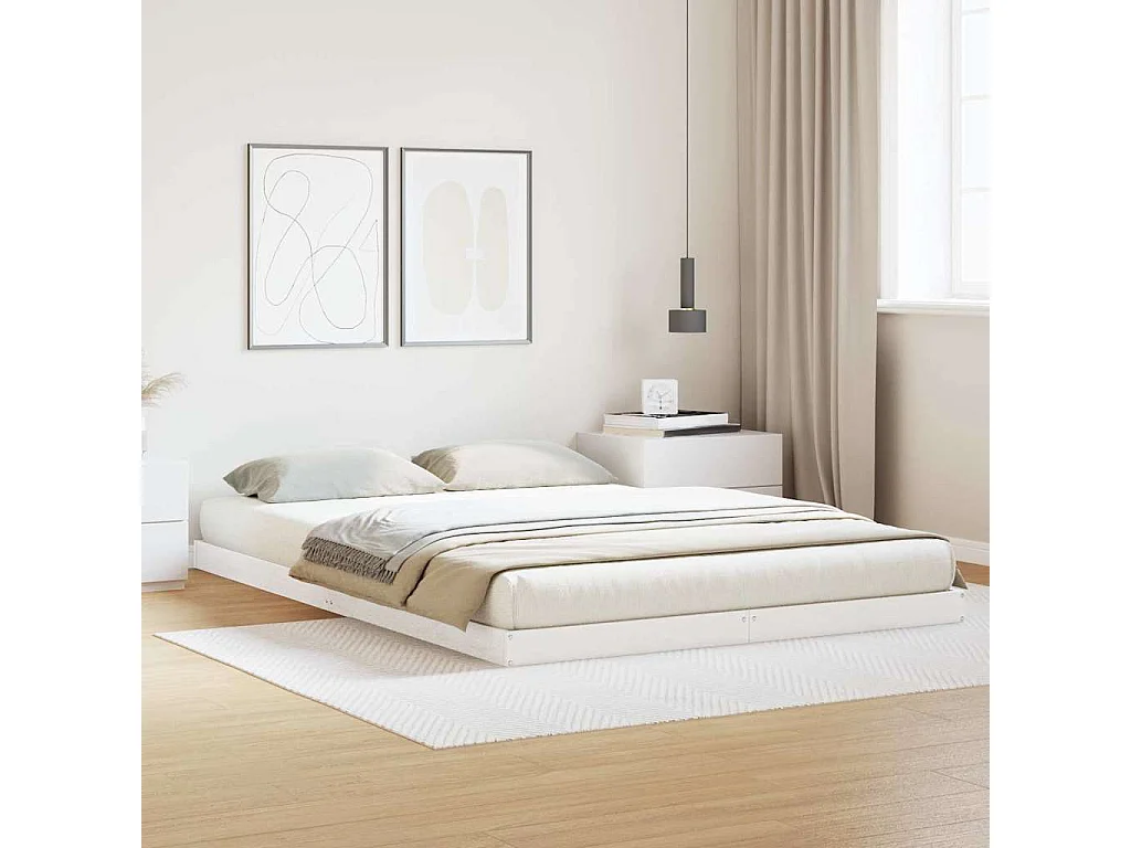 Struttura letto a terra Bianco 160 x 220 cm Pino massello