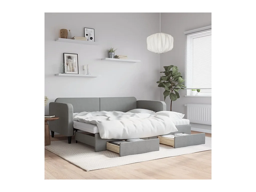 Lit de jour avec gigogne et tiroirs gris clair 90x190 cm tissu