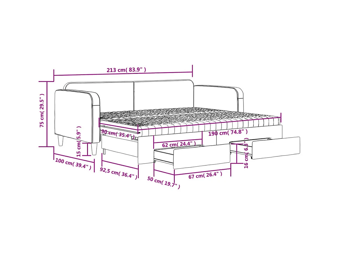 Lit de jour avec gigogne et tiroirs gris clair 90x190 cm tissu