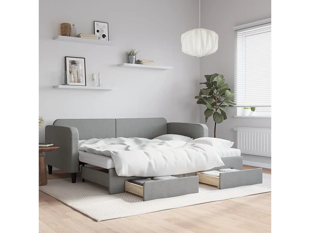 Tagesbett Ausziehbar mit Schubladen Hellgrau 90x190 cm Stoff