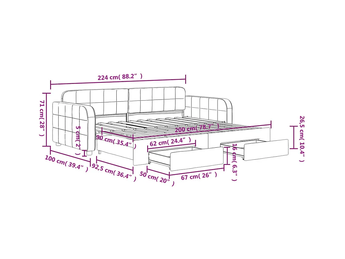 Lit de jour avec gigogne et tiroirs sans matelas 90x200 cm