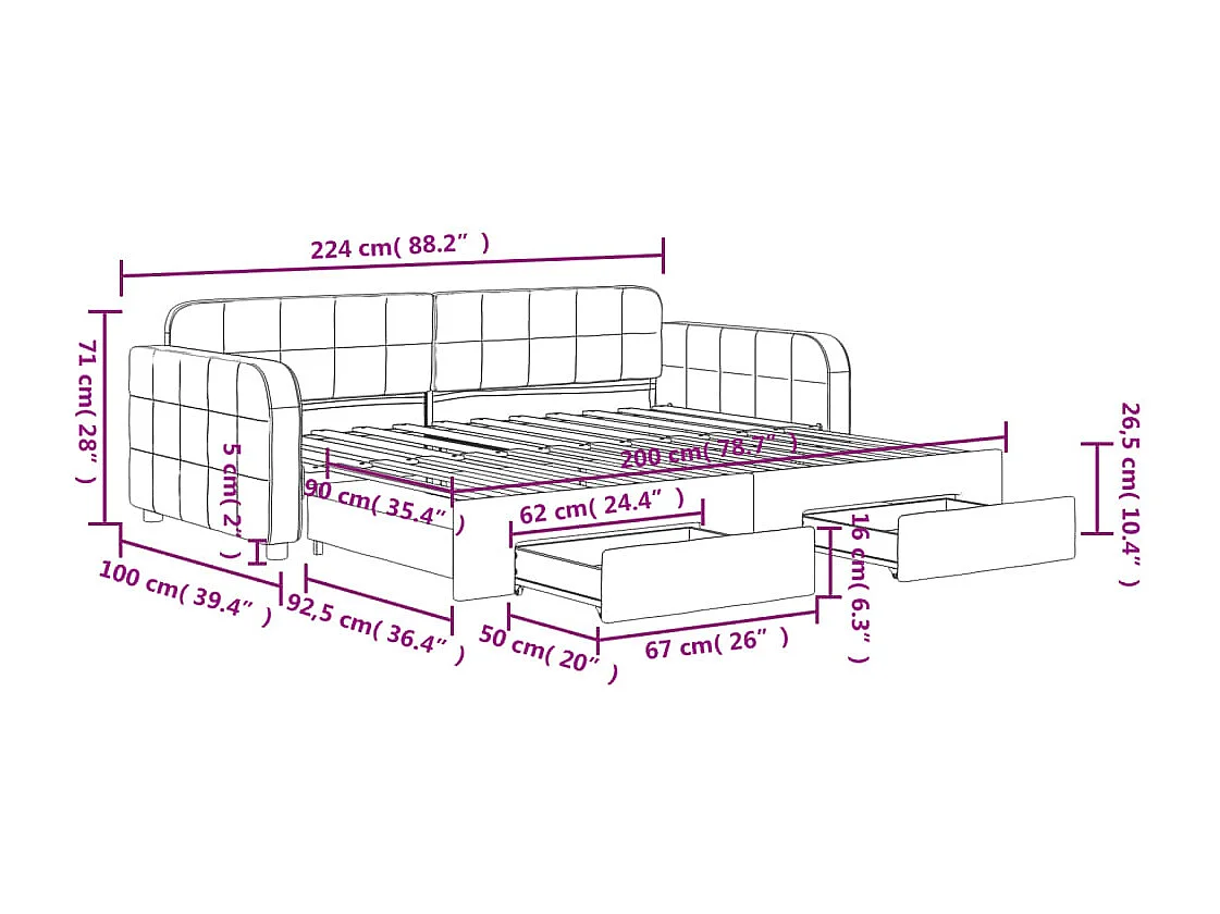 Slaapbank onderschuifbed en lades 90x200 cm fluweel donkergrijs
