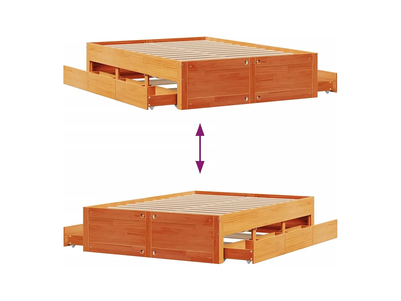 Cadre de lit sans matelas avec tiroirs brun cire 140x200 cm pin