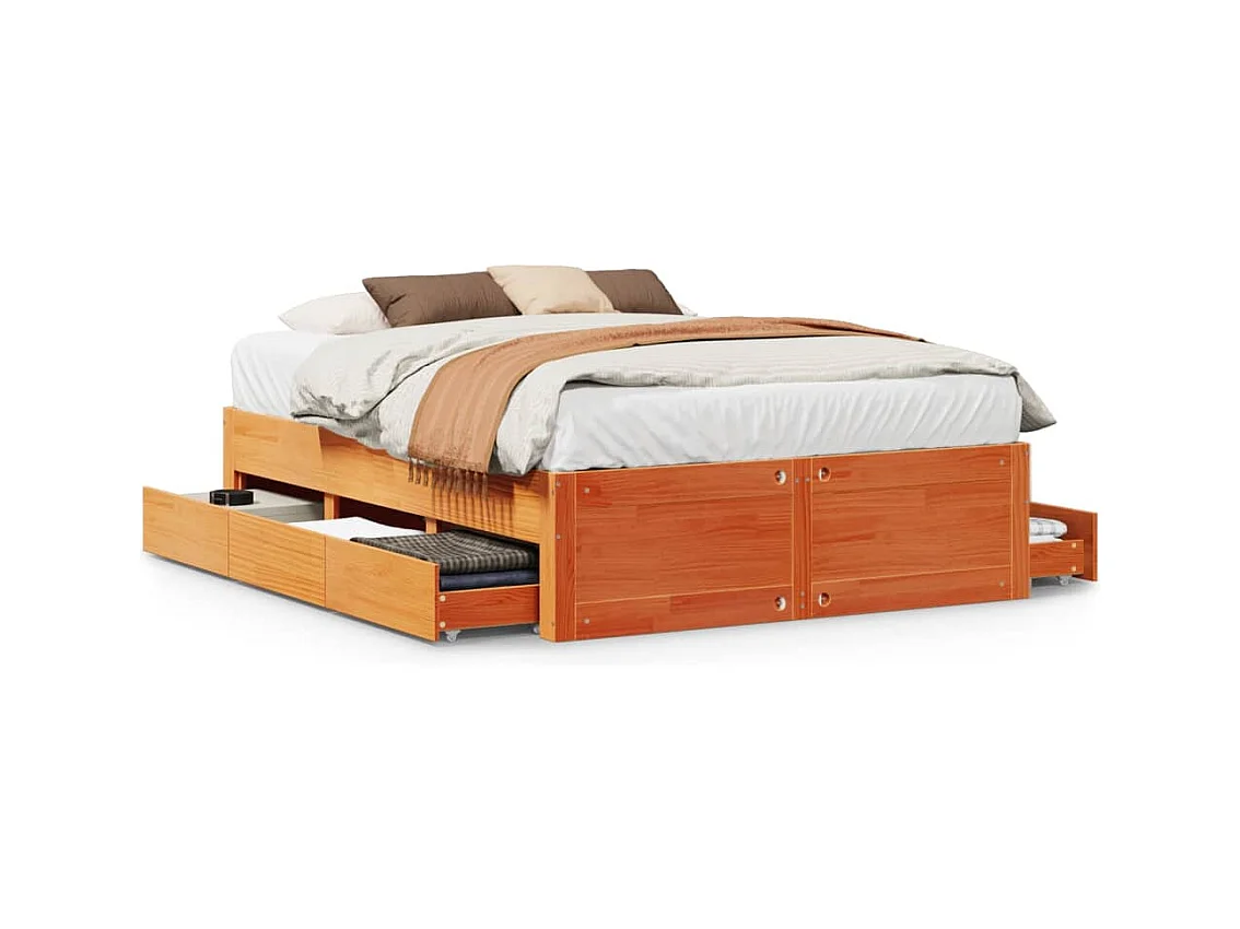 Cadre de lit sans matelas avec tiroirs brun cire 140x200 cm pin
