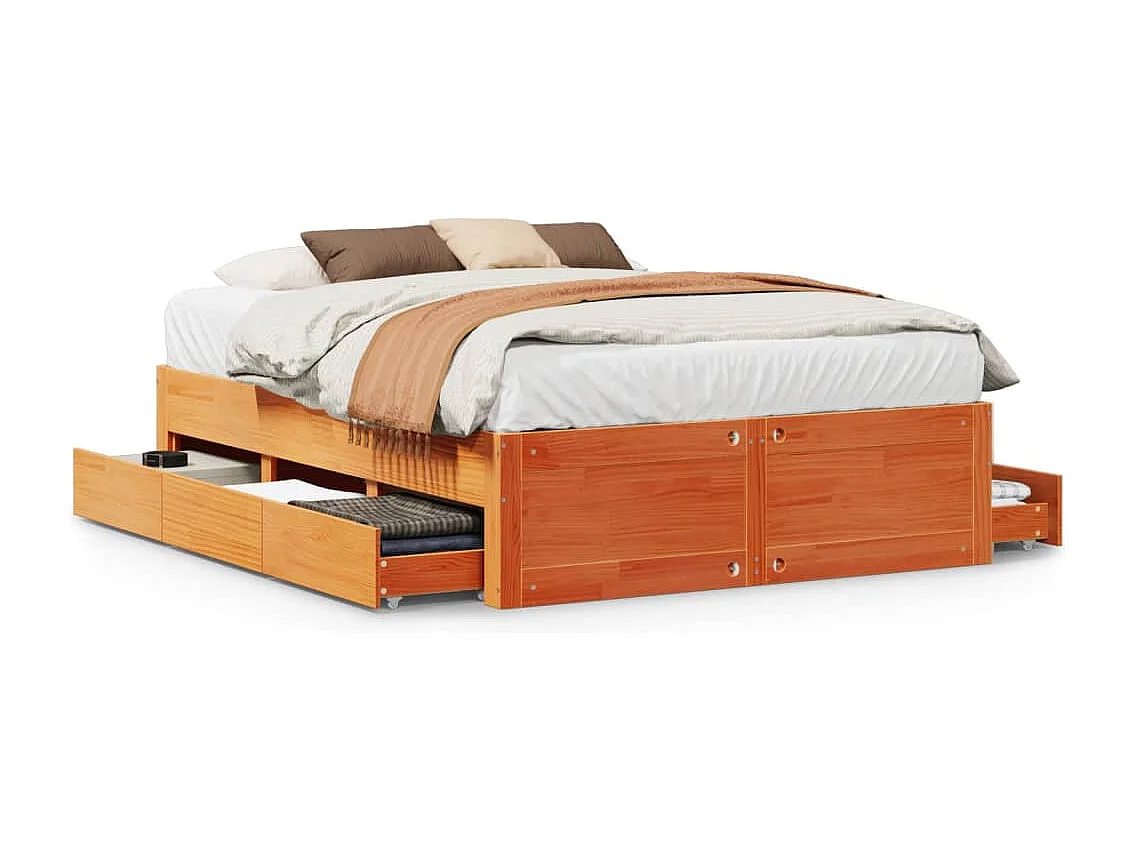 Cadre de lit sans matelas avec tiroirs brun cire 140x200 cm pin