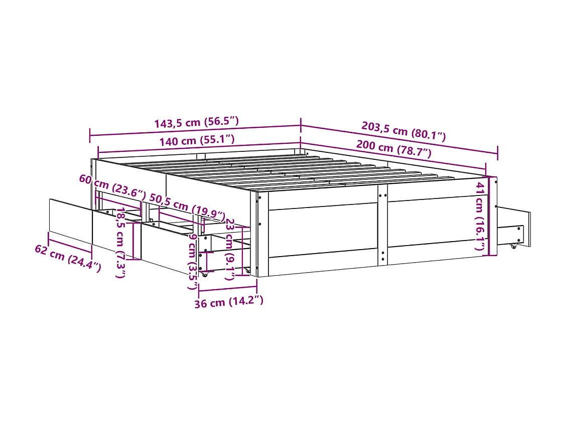 Cadre de lit sans matelas avec tiroirs brun cire 140x200 cm pin