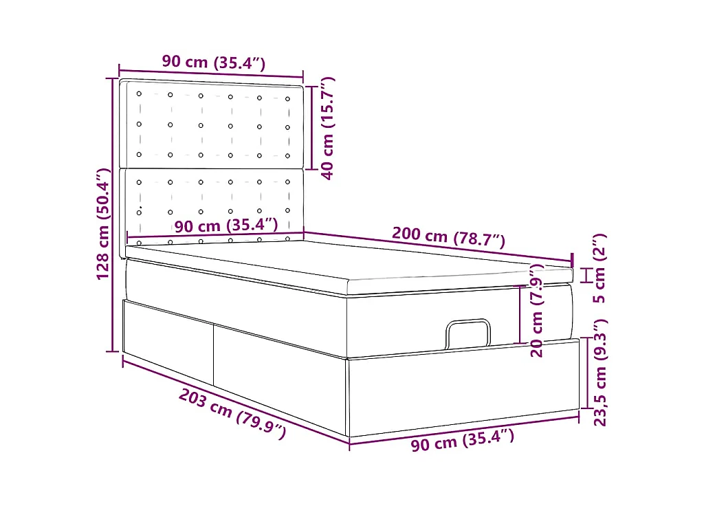 Cadre de lit ottoman avec matelas bleu foncé 90x200 cm velours