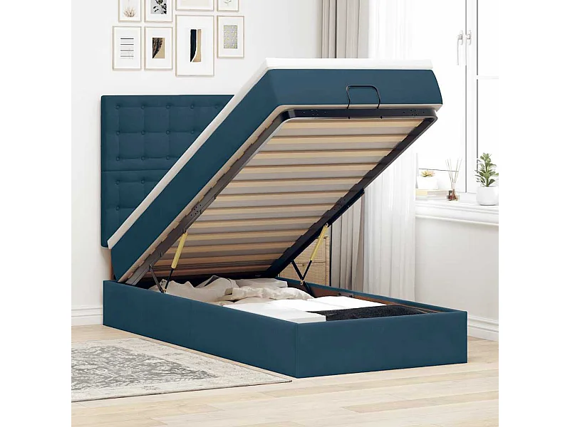 Cadre de lit ottoman avec matelas bleu foncé 90x200 cm velours