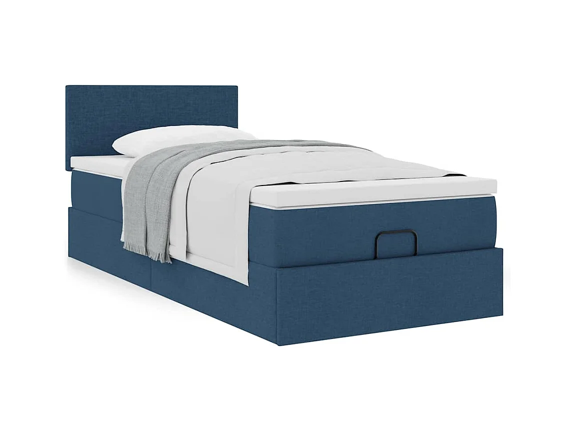 Cadre de lit ottoman avec matelas bleu 90x190 cm tissu