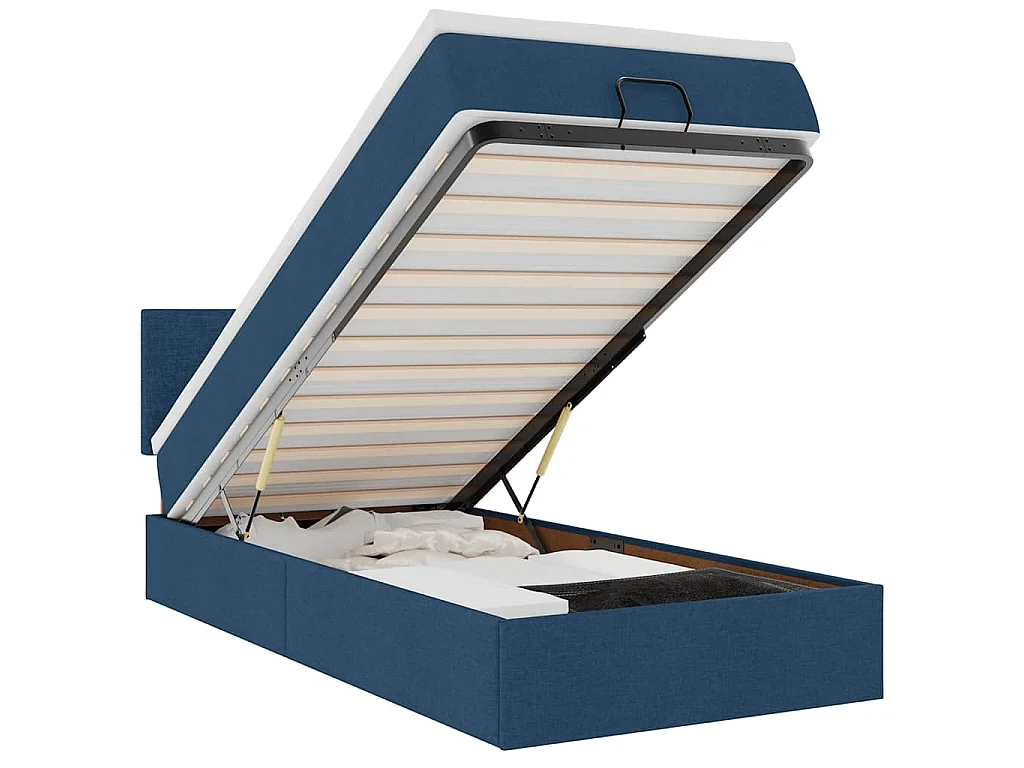 Cadre de lit ottoman avec matelas bleu 90x190 cm tissu